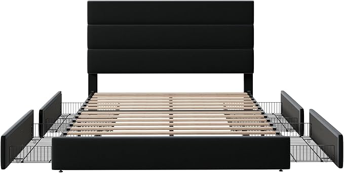 Allewie Modern Queen Size Platform Bed Frame with 4 Storage Drawers and Velvet Upholstered Headboard, Wooden Slats Support, Upholstered Mattress Foundation/No Box Spring Needed/Easy Assembly, Black
