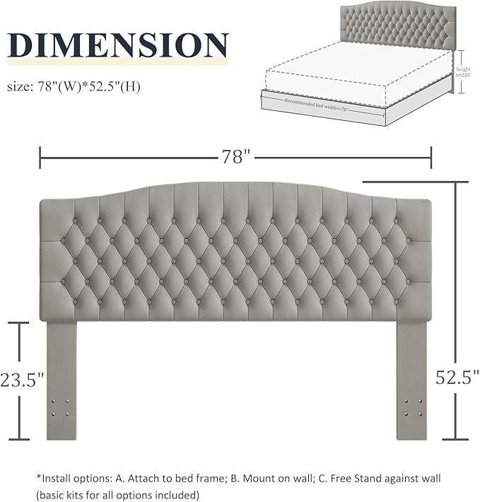 King Headboard Only, Upholstered Headboard for Adjustable Bed Velvet Tufted Cal King Size Wall Mounted Head Board with Solid Wood Legs Head Board, Gray