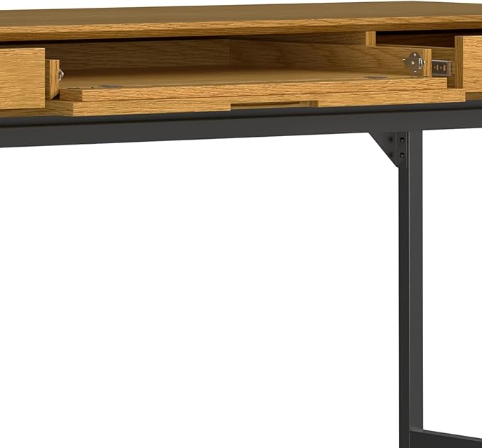 SIMPLIHOME Banting Desk - 72-Inch Wide Solid Oak Veneer and Metal Writing Desk in Oak, Modern Industrial Home Office Computer Table for Study with 2 Drawers and Flip-Down Keyboard Tray