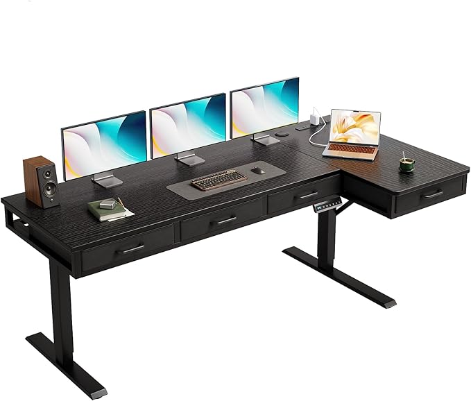 OffiGo 63 Inch L Shaped Electric Standing Desk with Drawers, Height Adjustable Large Desk with Power Outlets, Sit Stand Table, Writing Computer Desk for Home, Office, Workstation, Black