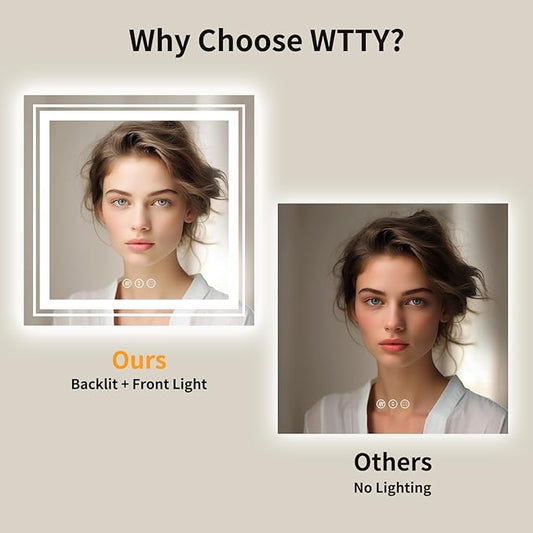 WTTY LED Bathroom Mirror 32"x32" with Backlit and Front Light,Stepless Dimmable LED Mirror for Bathroom,Anti-Fog Lighted Bathroom Vanity Mirror Modern for Wall,Memory Function,Shatter-Proof