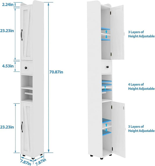Maupvit Bathroom Cabinet with Adjustable Shelf, Storage Cabinet for Small Space, Tall Bathroom Storage Cabinet with Retractable Toilet Paper Rod, Narrow Cabinet with 2 Doors, 8 Compartments (White)