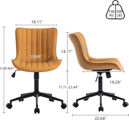 YOUNIKE Ergonomic Home Office Desk Chair with Wheels Comfy Armless Criss Cross Chair with Back Adjustable Height Modern Leather Upholstered Swivel Vanity Chair Small Cute Rolling Task Chair Tan