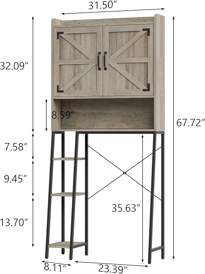 Vabches Over The Toilet Storage Cabinet, Farmhouse Storage Cabinet Over Toilet with 2 Barn Door & Toilet Paper Holder Stand,Home Space-Saving Toilet Rack, for Bathroom, Restroom, Laundry
