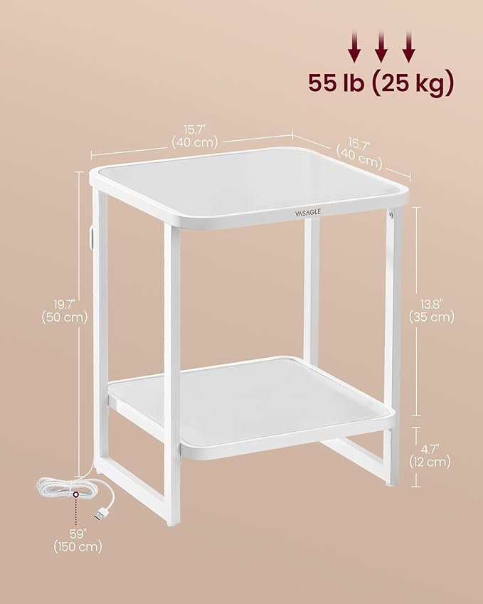 VASAGLE End Table, 2-Tier Side Table with LED Lights, Modern Nightstand, Square Bedside Table, Frosted Glass, Bottom Shelf, for Bedroom, Cloud White and Pearl White ULET232W01