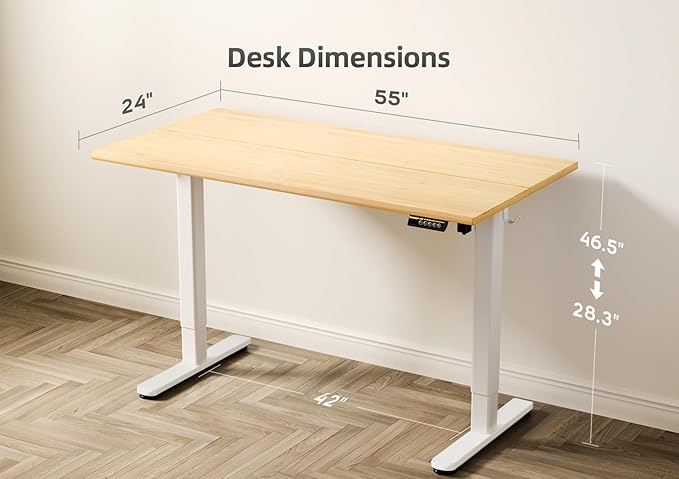 Claiks Bamboo Electric Standing Desk, Adjustable Height Stand up Desk, 55x24 Inches Sit Stand Home Office Desk with Splice Board, White Frame/BambooTop
