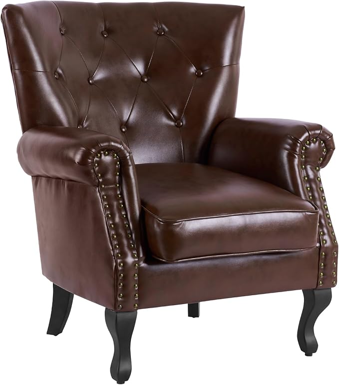 MOJAY PU Leather Accent Chair, Mid-Century Modern Armchair Living Room Club Chair with Tufted Button & Rivet Trim, Upholstered Sofa Chair with Sturdy Wood Legs for Bedroom (Reddish Brown)