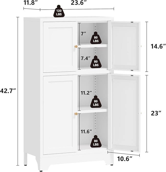 Metal Bathroom Storage Cabinet, Freestanding Storage Cabinets with 4 Doors and 2 Adjustable Shelves,White Metal Floor Cabinet for Restroom, Kitchen,Living Room,Hallway