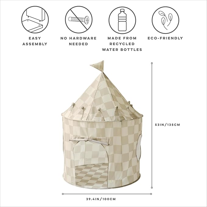 3 Sprouts Kids Play Tent - Sustainable Recycled Fabric β Fun Spacious Childs Playhouse for Indoor Games for Boys & Girls - Durable Fort Pop Up House for Toddlers & Children Age 3-10 - Checkered Beige
