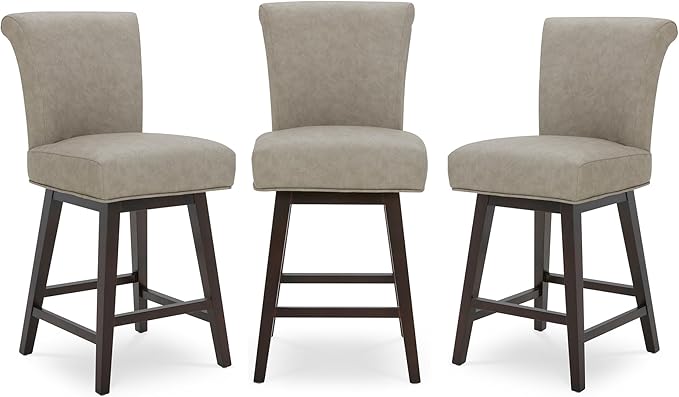 CHITA 26 Inch Counter Height Swivel Bar Stools Set of 3, FSC Certified Modern Upholstered Faux Leather Swivel Barstool Chair with Back, Stone Grey