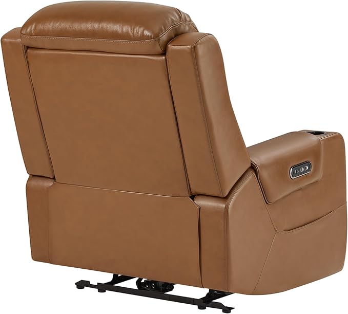 Watson & Whitely Oversized Genuine Leather Power Recliner Chairs for Big and Tall, Extra Wide Lay Flat Recliner with Power Headrest & Cup Holders, Electric Reclining Sofa for Living Room, Saddle