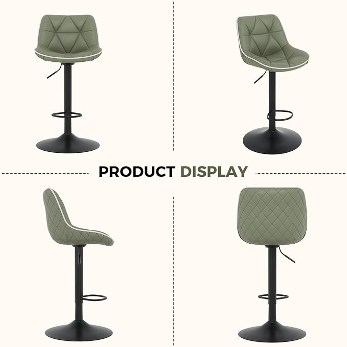 Nalupatio Bar Stools Set of 2, Adjustable Swivel Counter Height Bar Stools with Back, Armless Modern Barstools for Kitchen Island & Home Bar, Upholstered Seat,(Green)