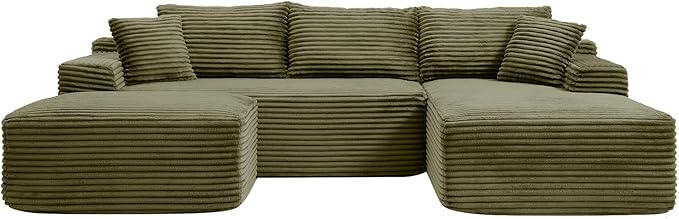 108 Inch Cloud Sectional Couch,Modern Modular Sectional Sofa with Deep Seat,Corduroy Boneless Couches with L-Shape Chaise for Living Room,No Assembly Required (Green, Right Facing Chaise + Ottoman)
