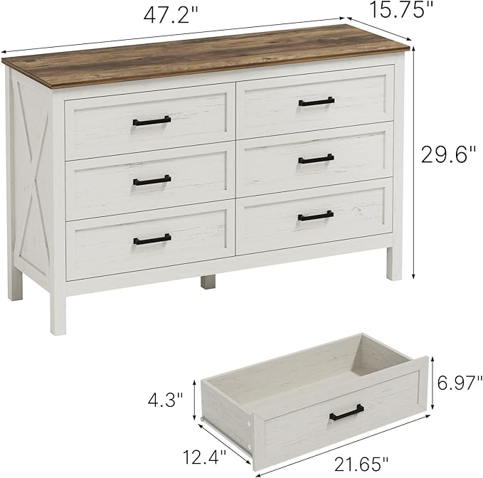 LYNSOM Farmhouse 6 Drawers Dresser for Bedroom, Wood Rustic Wide Chest of Drawers with Deep Drawers, Metal Handle, Storage Dressers Organizer for Entryway, Hallway, Antique White