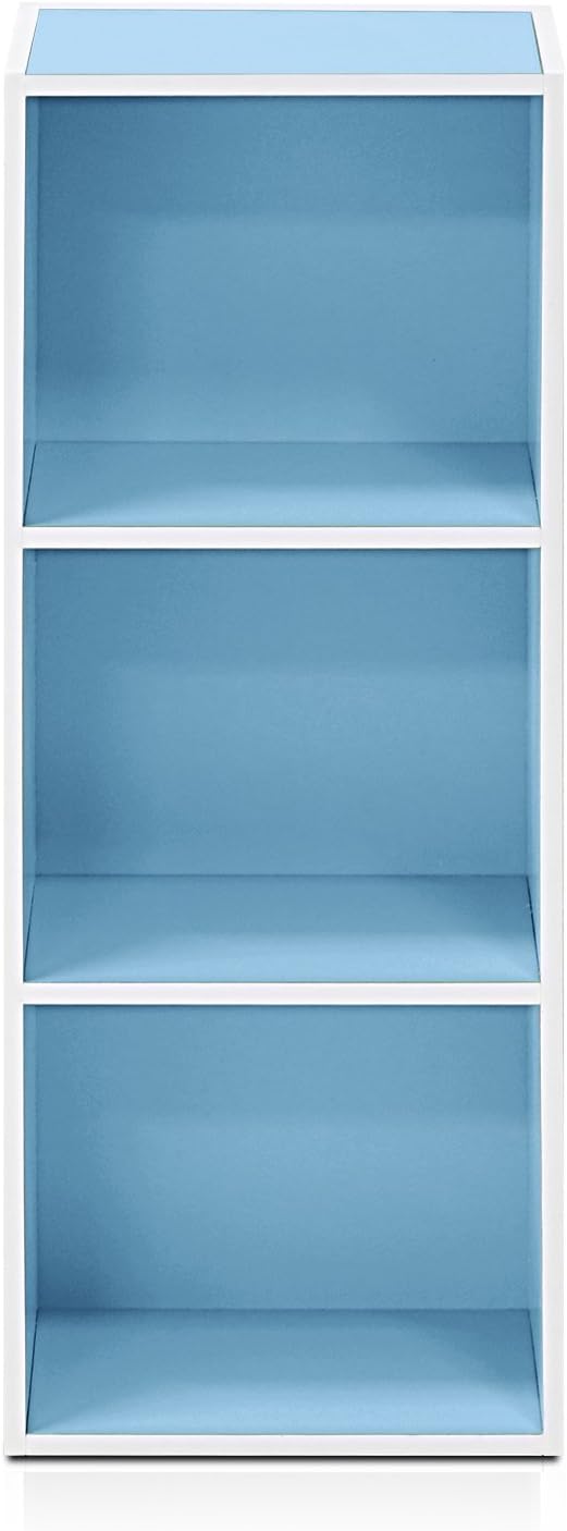 Furinno LUDER Book Shelf, 3-Cube Bookshelf, Bookcase with Open Shelves, 9.3 x 12 x 31.5, for Living Room, Bedroom, Home Office, White/Light Blue
