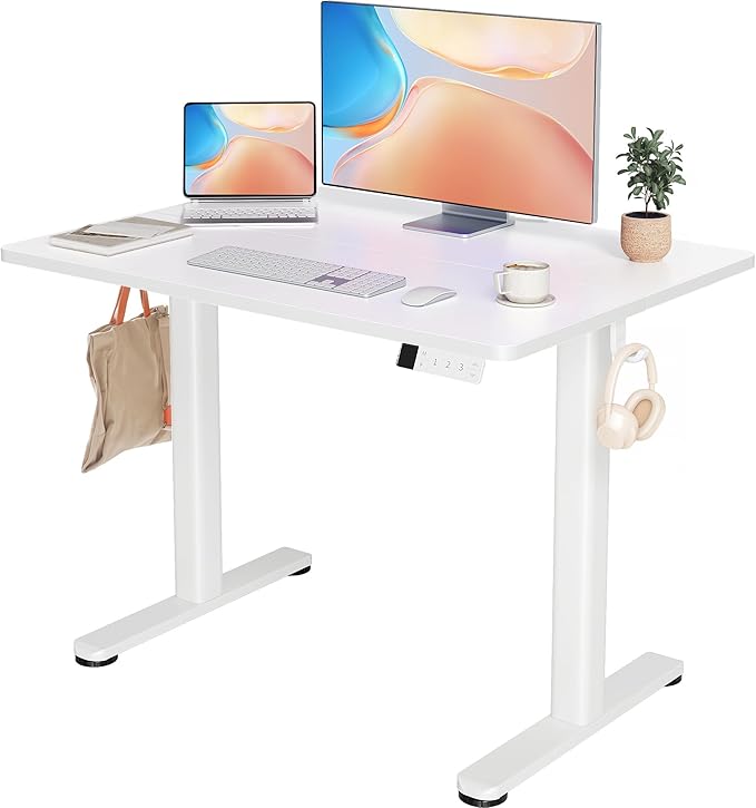 YDN Electric Standing Desk Adjustable Height, 40 x 24 Inches Stand up Desk with Cable Management, Home Office Desks with Splice Board & White Frame, White Top