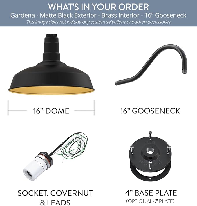 Steel Lighting Co. Gardena Barn Light | Outdoor Wall Mounted | 16" Dome | 16" Gooseneck | Farmhouse Light Made in America | Matte Black Exterior/Brass Interior
