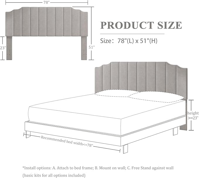 King Size Headboard Only, Velvet Wall Mounted Headboard King for Adjustable Bed Modern Upholstered Head Board Easy Assembly, Gray