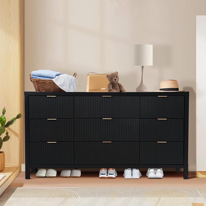Fluted 9 Drawer TV Stand Dresser for Bedroom, Mid Century Modern Dresser with Drawers, Storage Organizer with 9 Drawers, Fluted Cabinet for Closet Cloth, Living Room, Entryway -Black