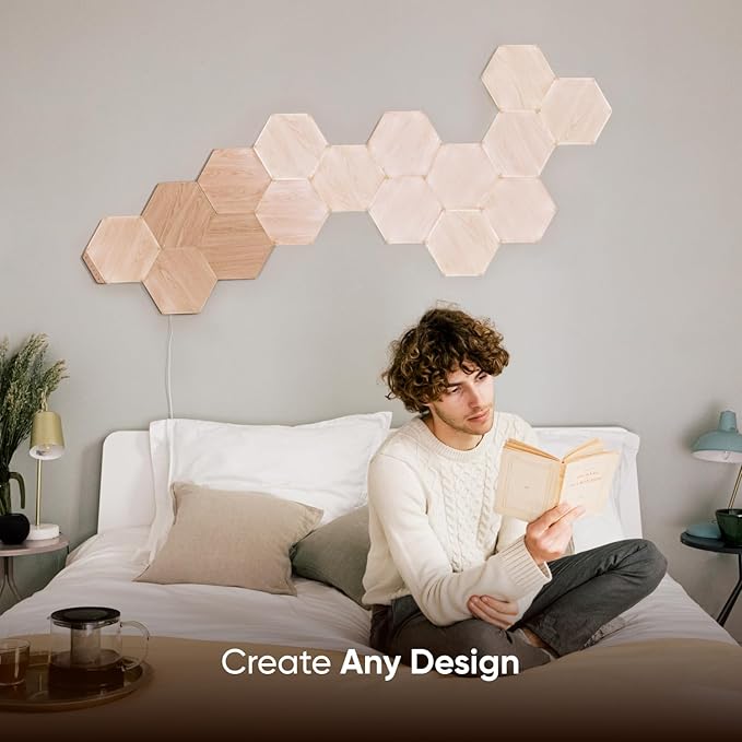 Nanoleaf Elements Wood Look Smart Wall Lights, Hexagon LED Wall Lights Work with Alexa Google Assistant, Home Wall Decor for Living Room with Music Sync, Ambient White 1500-4000K, Expansion 3 Panel