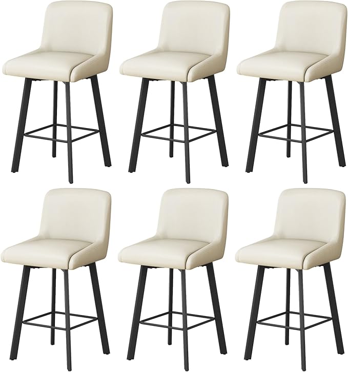Swivel Bar Stools, 26''H Upholstered Barstools with Backs, Modern Counter Height Bar Stool Chairs for Kitchen Island, Metal Legs (Beige- Faux Leather, Set of 6-26" H)