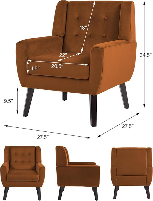 Accent Chair, Modern Velvet Arm Chair for Living Room, Bedroom, Comfy High-Resilient Sponge Reading Chair for Small Spaces (Velvet Orange, Set of 2