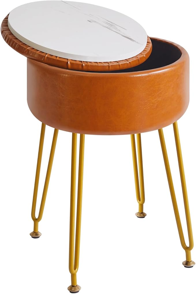 IBUYKE Faux Leather Round Footrest Stool with Storage Ottoman, Makeup Vanity Chair Side Table, PU Dressing Table Seat, Removable Cover, Golden Steel Legs, Light Brown WBD024J