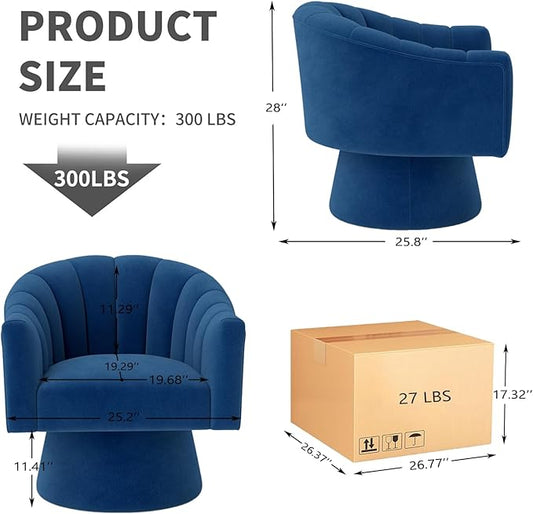 Swivel Accent Chair,Upholstered Velvet 360° Swivel Barrel Chair for Living Room Overstuffed Bouncle Reading Chair Round Armchair for Bedroom,Vanity,Office(Navy)