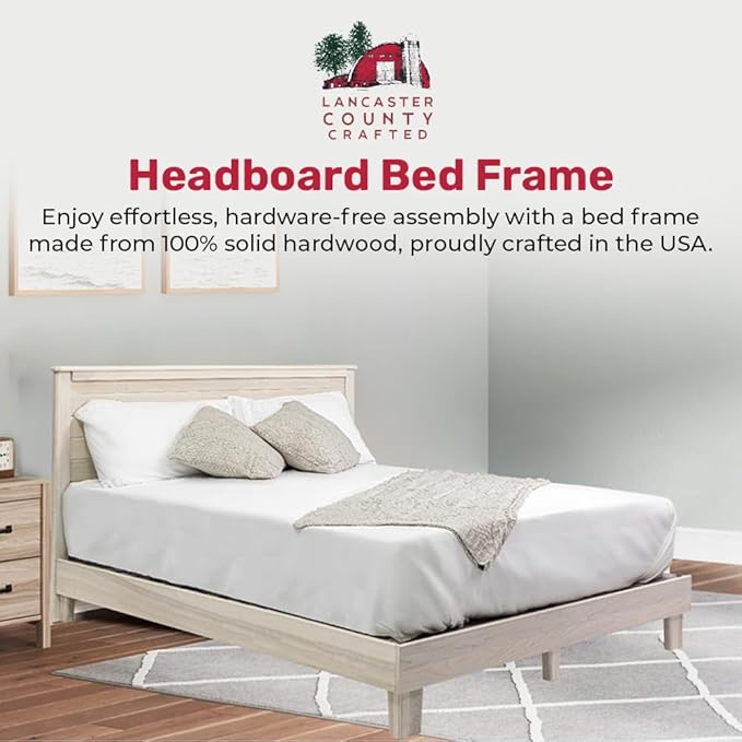 Solid Hardwood Platform Bed Frame, Headboard, & Slats, Quality Crafted in Pennsylvania, USA from Poplar by Mennonite Artisans, No Box Spring Needed, Easy Assembly
