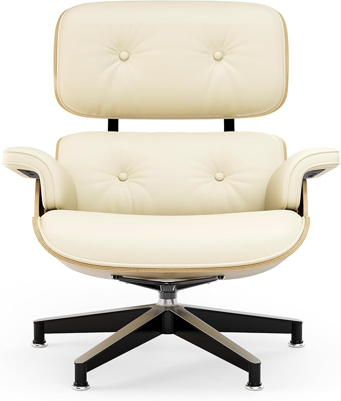 Top Cream White Grain Leather, Mid Century Chaise Lounge Chair and Ottoman, Modern Chair Classic Design, Ash Wood, Heavy Duty Base Support for Living Room Office