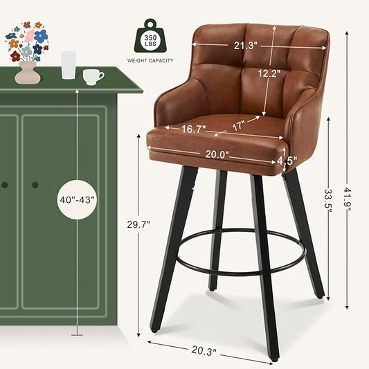 360°Swivel Counter Height Bar Stools with Back, 30 inch Solid Wood Legs, Bar Stool Modern Kitchen Island Chairs, Faux Leather (Brown- Faux Leather, 30" H- Set of 3)