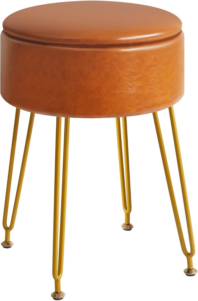 IBUYKE Faux Leather Round Footrest Stool with Storage Ottoman, Makeup Vanity Chair Side Table, PU Dressing Table Seat, Removable Cover, Golden Steel Legs, Light Brown WBD024J