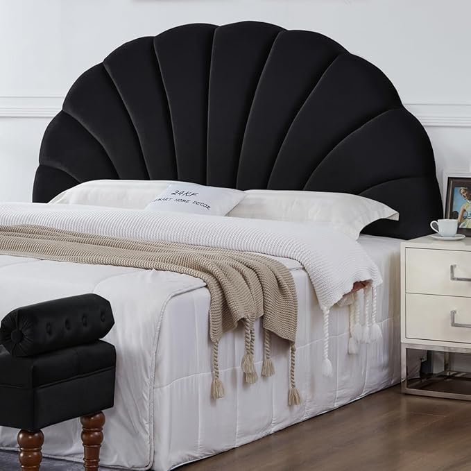 24KF Stunning Crown Design King Headboard, Upholstered Soft Velvet Petal Pattern Headboard King/CA King-Black