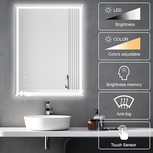 Awoco 48''x36'' LED Bathroom Mirror with Light, Lighted Vanity Mirror with Backlit and Front Light, Dimmable Anti-Fog Memory Function Lighted Mirror with 3 Colors for Bathroom Wall