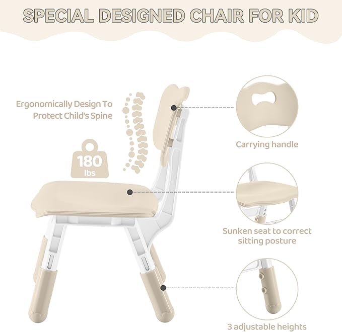 Kids Study Table and Chairs Set, Height Adjustable Toddler Table and Chair Set for Kids Ages 3-8, 31.5" L x 23.6" W Graffiti Desktop Plastic Children Art Table with 4 Seats, Burlywood