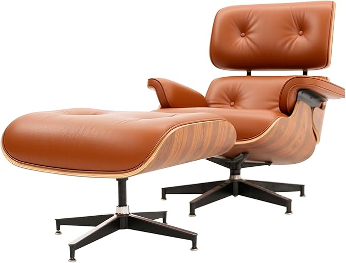 Top Grain Leather, Mid Century Chaise Lounge Chair and Ottoman, Modern Chair Classic Design, Heavy Duty Base Support for Living Room Study Lounge Office, Palisander-Brown, Heightening