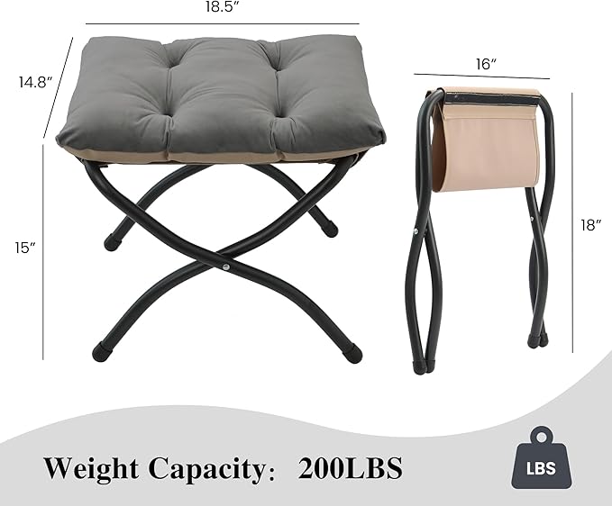 15"(H) Folding Ottoman, Foldable Footrest Stool, Portable Small Foot Stool for Couch, Collapsible Foot Rest Ottoman for Sofa, Accent Padded Ottomans for Living Room, Bedroom, Dark Grey