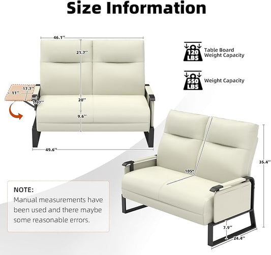 Faux Leather Loveseat, Upholstered Loveseat with Side Tray Table & Storage Pocket, Small Loveseat for Living Room, Modern 2 Seater Sofa Couch for Small Spaces, Bedroom, Beige