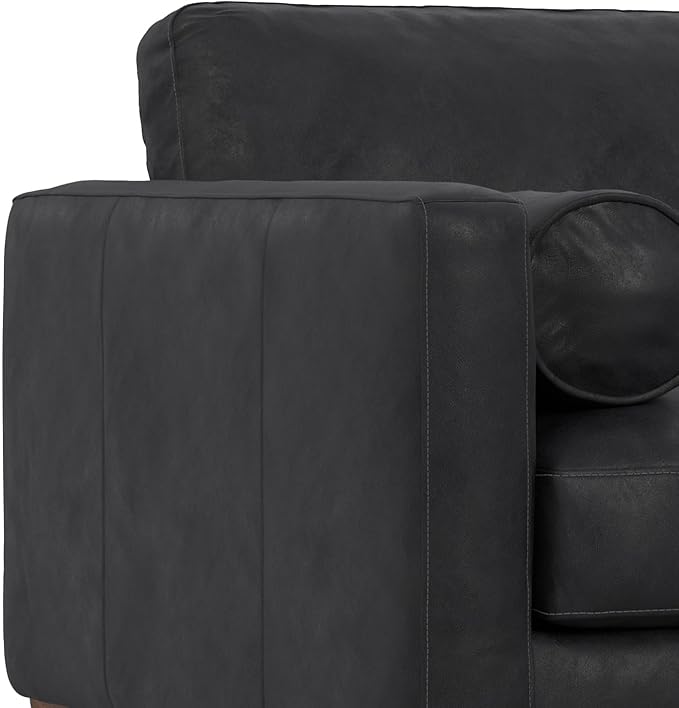 SIMPLIHOME Morrison Accent Chair - 43 inch Wide Upholstered Top Grain Genuine Leather Mid-Century Modern Arm Chair with Solid Wood Frame in Lead Black, for Living Room with 2 Bolster Pillows