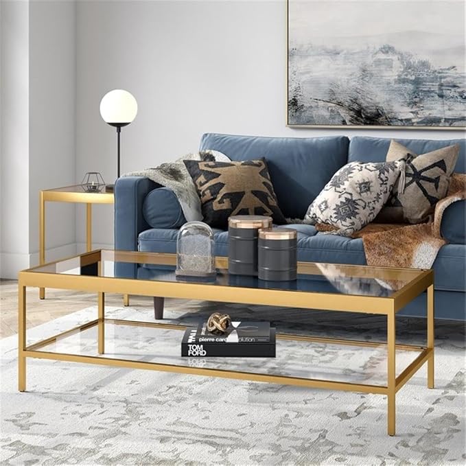 Henn&Hart 54" Wide Rectangular Coffee Table in Brass, Modern coffee tables for living room, studio apartment essentials