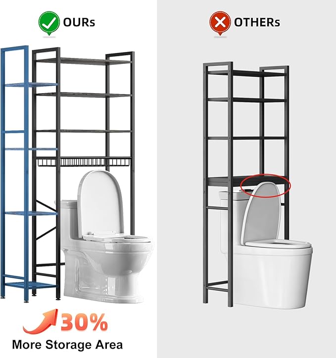 8-Tier Over The Toilet Storage with Side Rack, Over Toilet Storage Rack with Adjustable Shelf & Drain Basket, Freestanding Bathroom Organizer for Balcony, Laundry (Modern Grey)