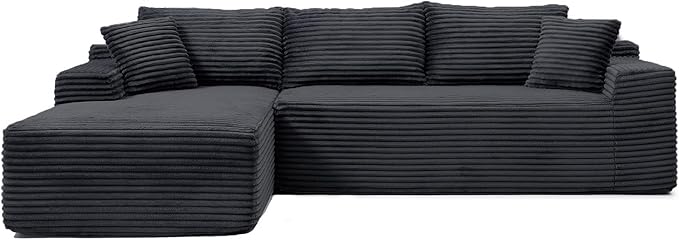 108 Inch Cloud Sectional Couch,Modern Modular Sectional Sofa with Deep Seat,Corduroy Boneless Couches with L-Shape Chaise for Living Room,No Assembly Required (Black, Left Facing Chaise)