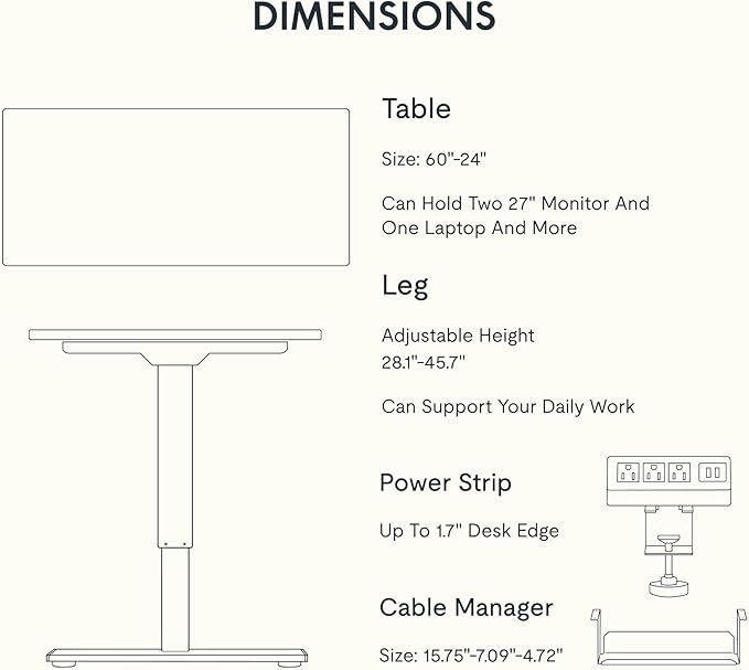 FLEXISPOT EN2 Whole-Piece Standing Desk with Clamp Power Strip, 60 x 24 Electric Stand Up Height Adjustable Desk with Cable Management (White Frame + 60" Black Desktop, 2 Packages)