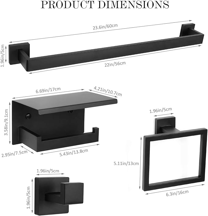 5 Pieces Black Towel Bar Set Bathroom Hardware Accessories Set Upgraded Toilet Paper Holder with Shelf Towel Holder Set for Bathroom Stainless Steel Wall Mounted