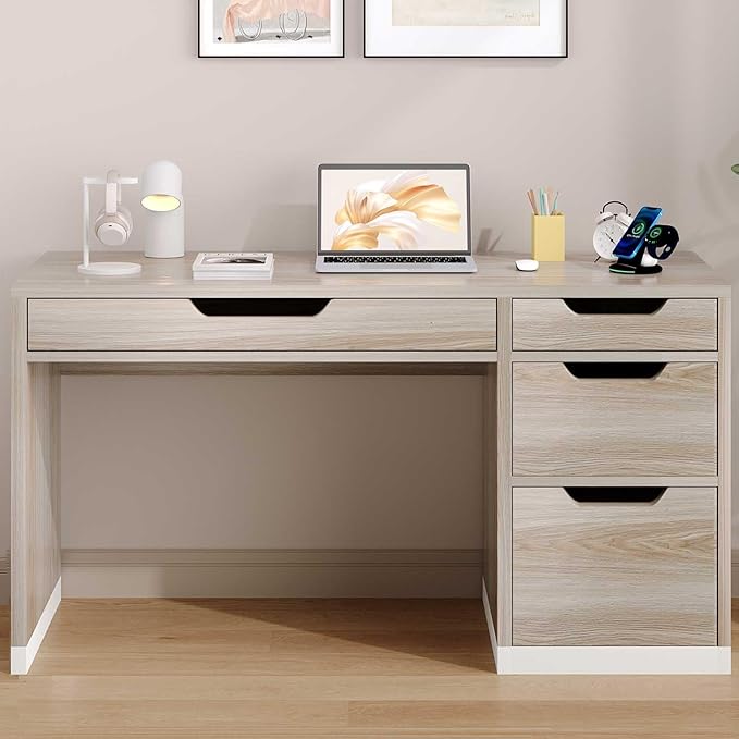 52 Inch Desk with 4 Drawers, Computer Desk with Storage File Cabinet for Bedroom, Small Office Desk with Storage for Small Space, White and Walnut