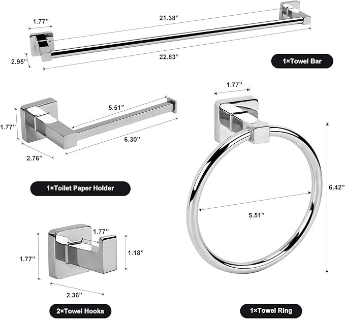 5 Pieces Polished Chrome Bathroom Hardware Accessories Set,Stainless Steel 23.6" Hand Towel Bar Set, Toilet Paper Holder, Towel Ring ,Towel Rack Set Silver