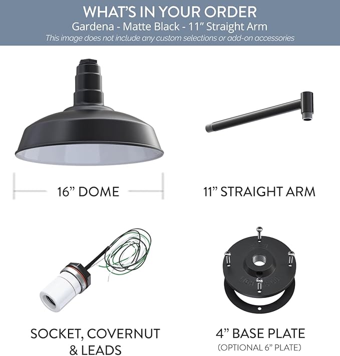 Steel Lighting Co. Gardena Barn Light | Outdoor Wall Mounted | 16" Dome | 11" Straight Arm | Farmhouse Light Made in America | Matte Black Exterior/White Interior
