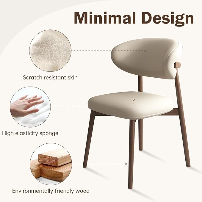 Upholstered Dining Chairs Set of 2,Mid Century Modern Kitchen Chairs with Back and Wood Frame,Faux Leather Dinner Chairs (White + Light Walnut Legs, Set of 2)