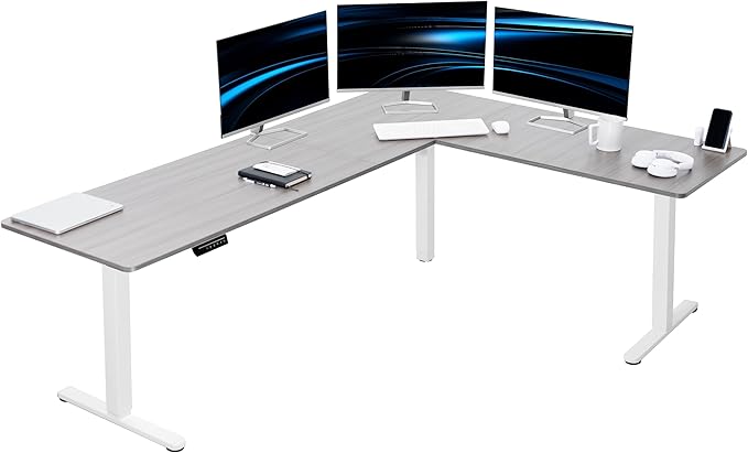 VIVO Corner Standing Desk, 84 x 63 inch Reversible L-Shaped Workstation, Electric Height Adjustment, Home, Office, and Reception Rooms, Dark Gray Table Top White Frame, DESK-E3CTWG-84