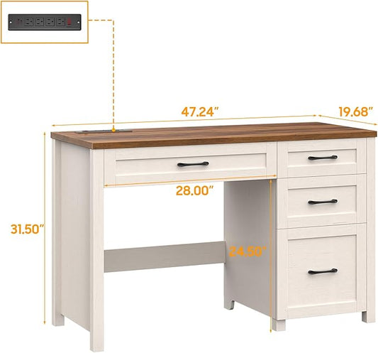 Vabches Farmhouse 47" Executive Desk with 4 Drawers, Computer Desk with File Drawer and Charging Station, Workstation for Home Office, Study.(Unique White)
